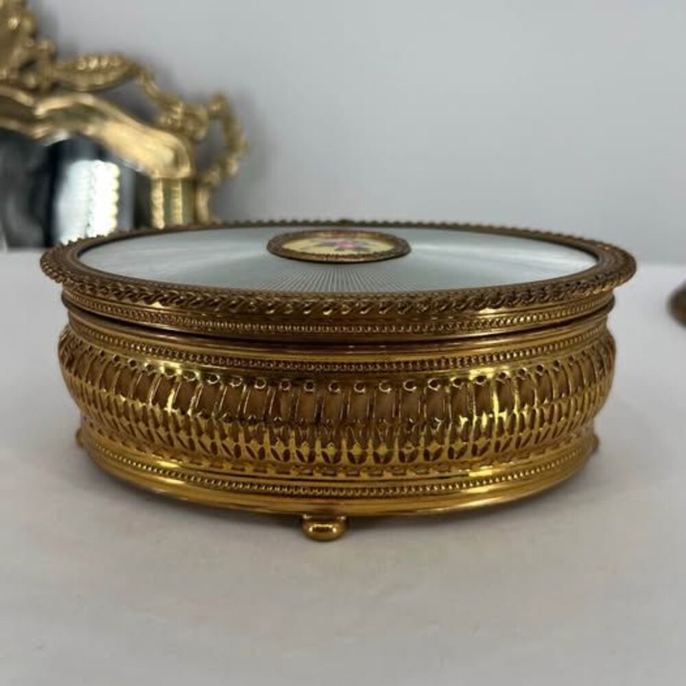 Vintage Apollo Oval Gold Tone Guilloche Enamel Trinket Box